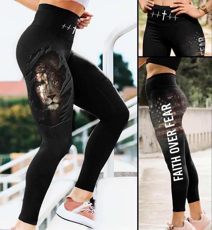 Faith over fear Jesus and lion The perfect combination Leggings