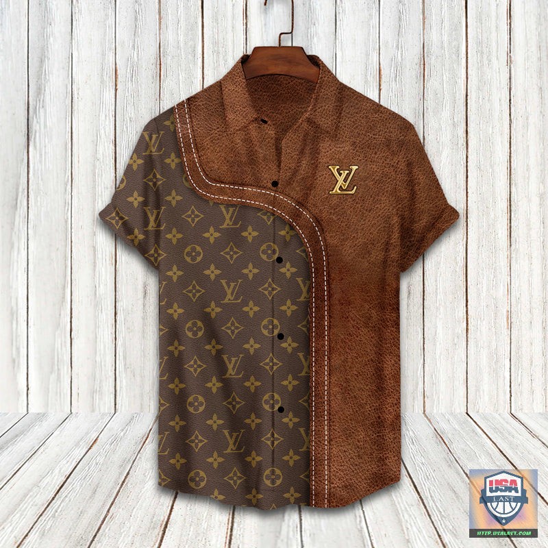 New Launch Louis Vuitton Leather Pattern Brown Hawaiian Shirt Beach Short