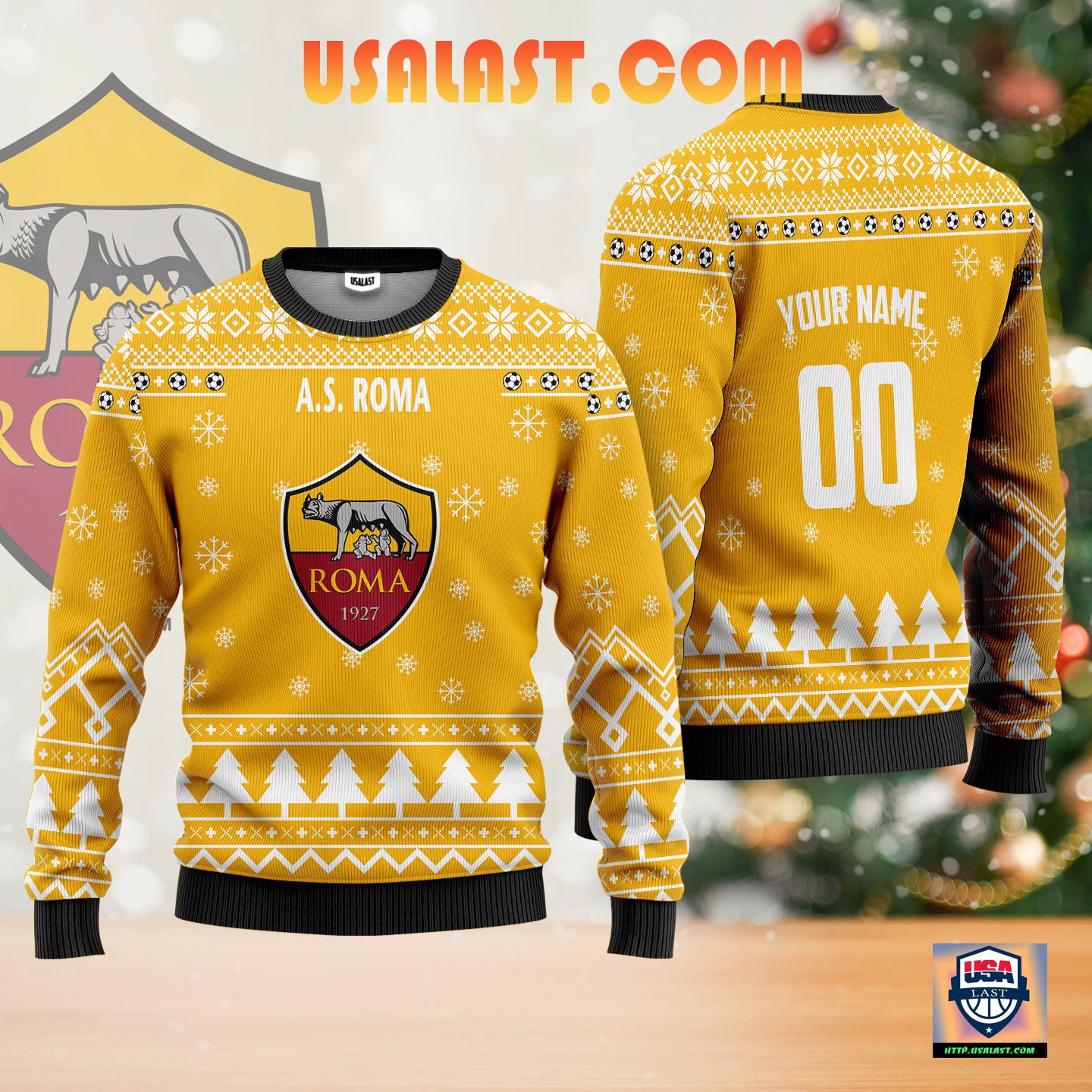 Awesome A.S Roma Personalized Ugly Christmas Sweater Yellow Version