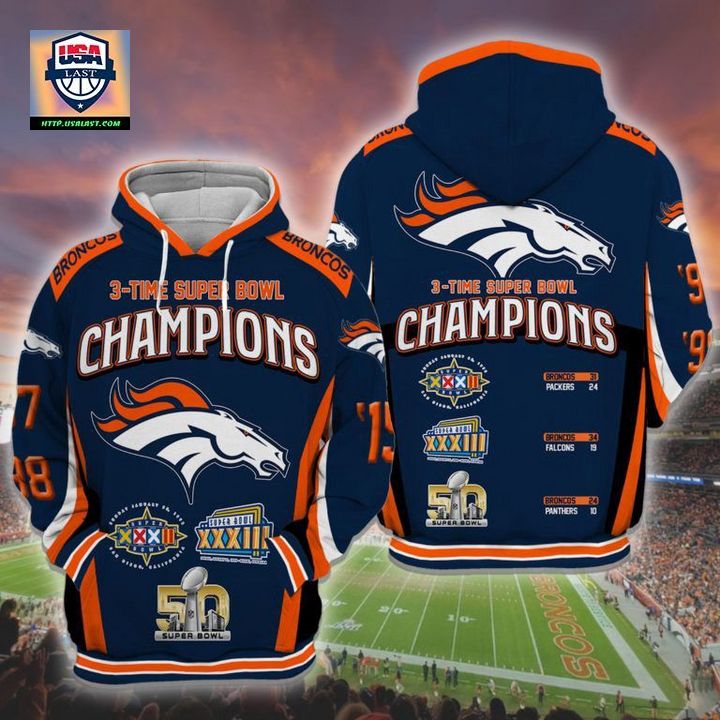 Unique Denver Broncos 3 Time Super Bowl Champions 3D Hoodie