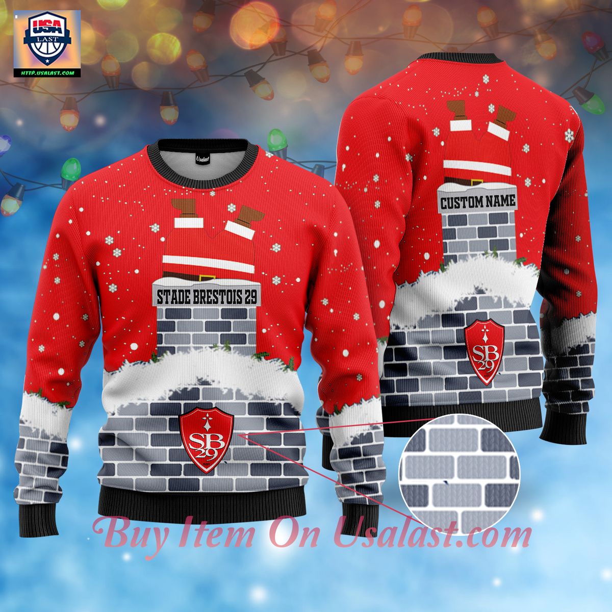 Here’s Stade Brestois 29 Santa Claus Custom Name Ugly Christmas Sweater