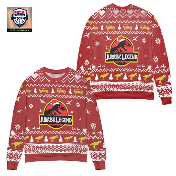 Jurassic Park Legend Dinosaur Pattern Ugly Christmas Sweater – Red