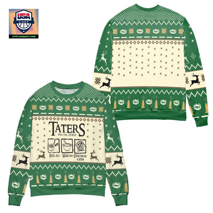 Lord of The Rings Taters Potatoes Recipe Pine Tree Reindeer Pattern Ugly Christmas Sweater – Green
