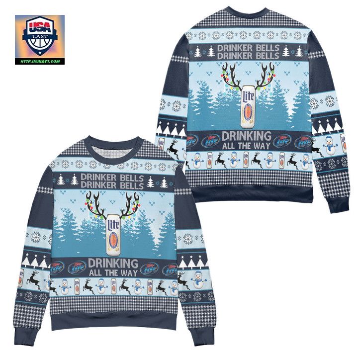 Miller Lite Drinker Bells Drinking All The Way Ugly Christmas Sweater – Blue