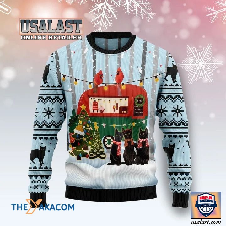 Best Black Cat Family With Ice Cream Bus Ugly Christmas Sweater