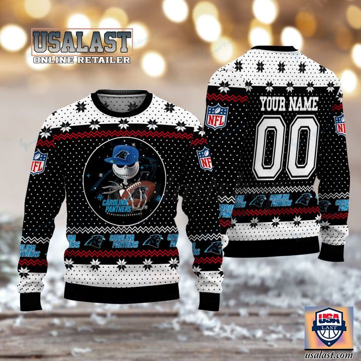 (Available) Carolina Panthers Jack Skellington Cusom Name And Number Ugly Sweater