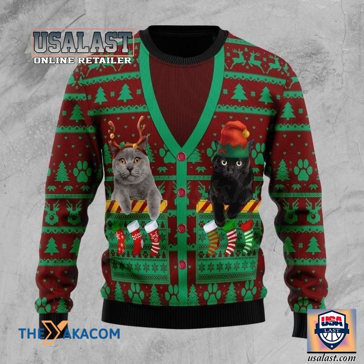 Best Sale Cat Couple With Cadigan Ugly Christmas Sweater
