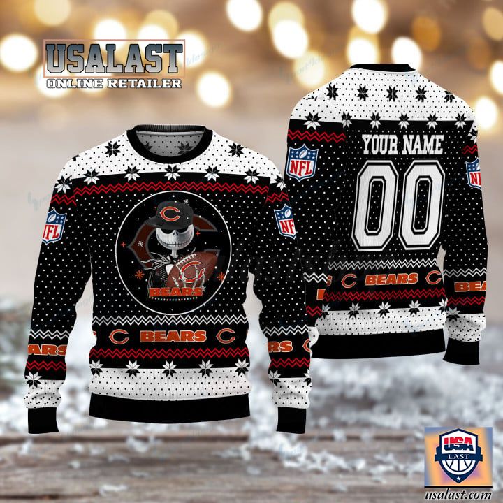 (Available) Chicago Bears Jack Skellington Cusom Name And Number Ugly Sweater