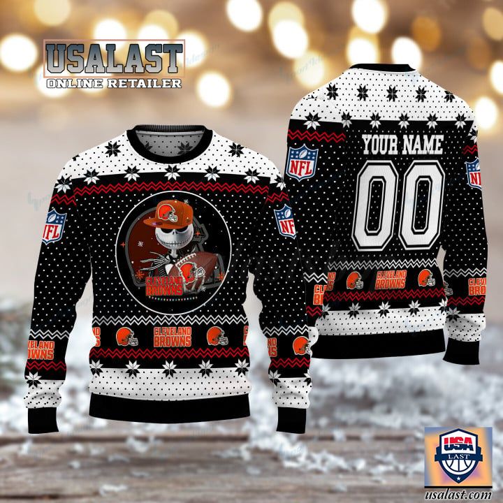 (Available) Cleveland Browns Jack Skellington Cusom Name And Number Ugly Sweater