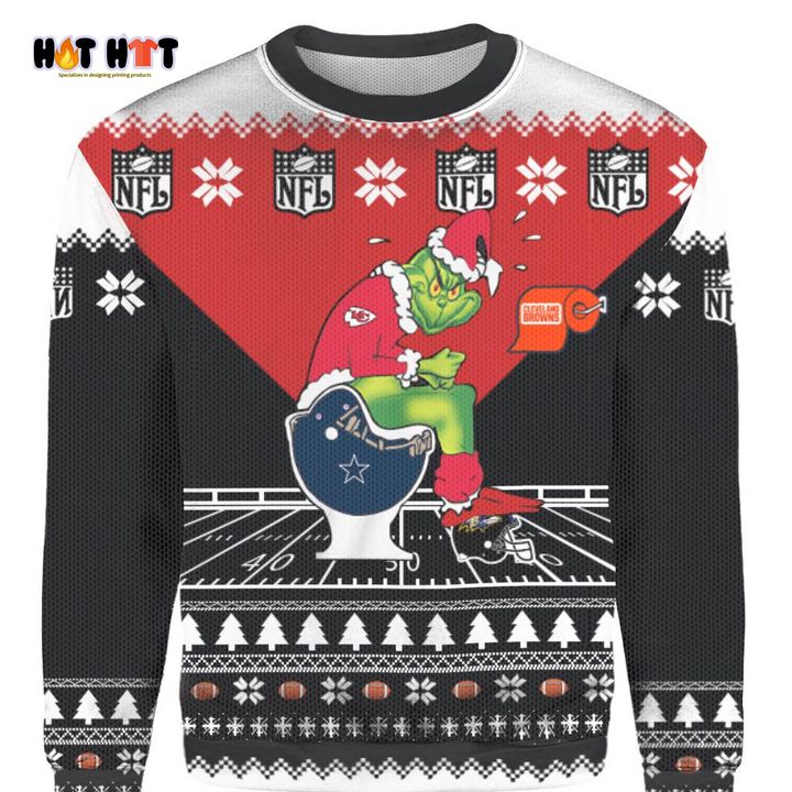 New Launch Personalized Grinch Kansas City Chiefs Sitting On Dallas Cowboys Toilet 3D Ugly Sweater