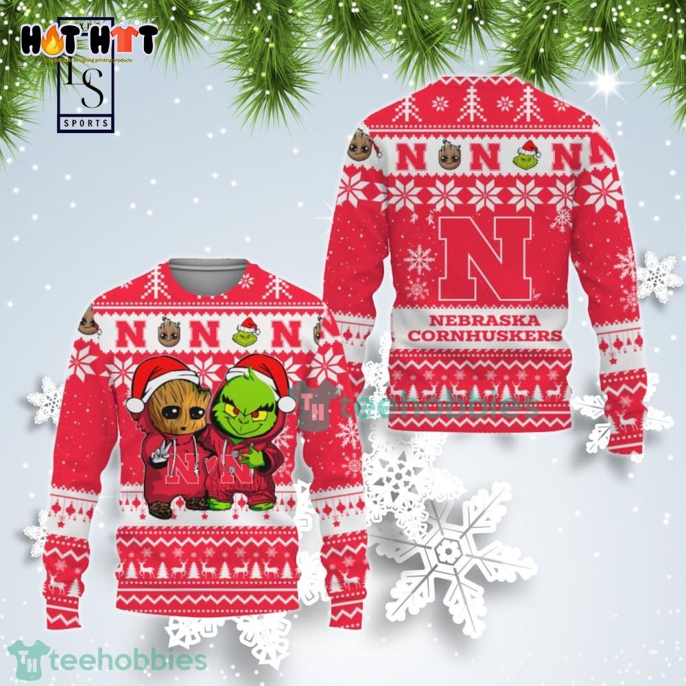 Nebraska Cornhuskers Baby Groot And Grinch Best Friends Ugly Christmas Sweater