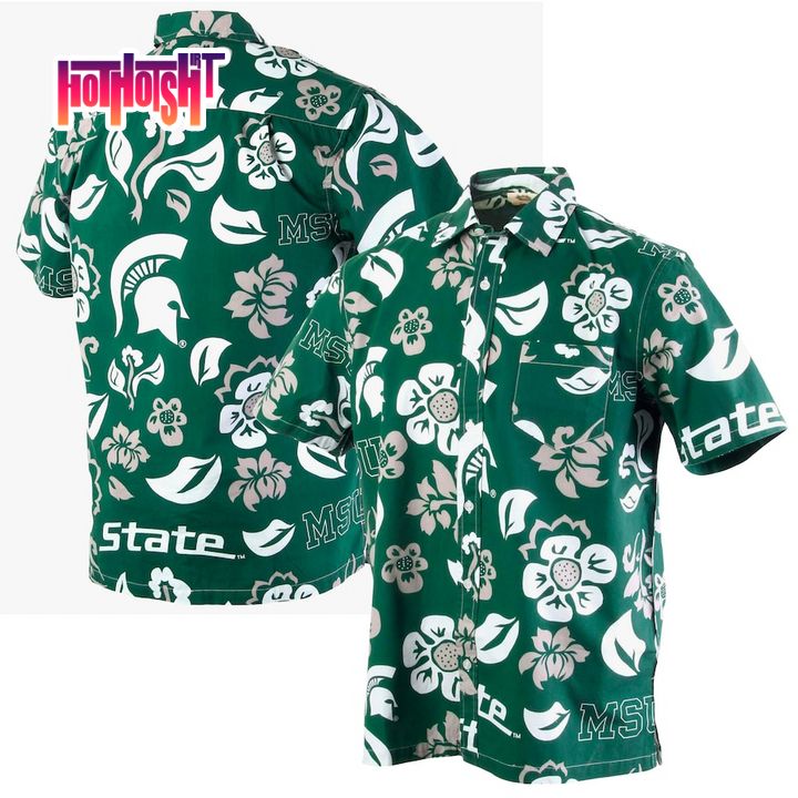 Michigan State Spartans Wes & Willy Green Flower Aloha Hawaiian Shirt