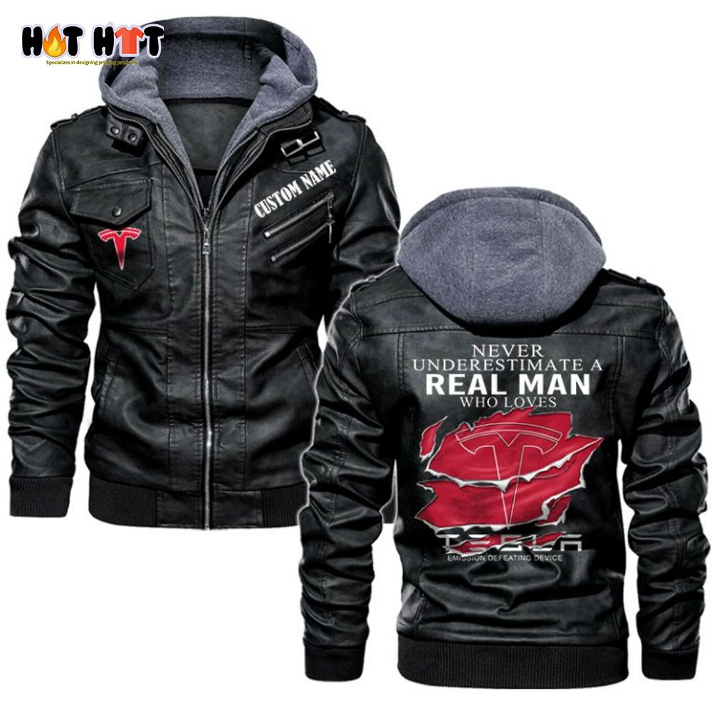 Personalized Name Never Underestimate A Real Man Who Loves Tesla Leather Jacket