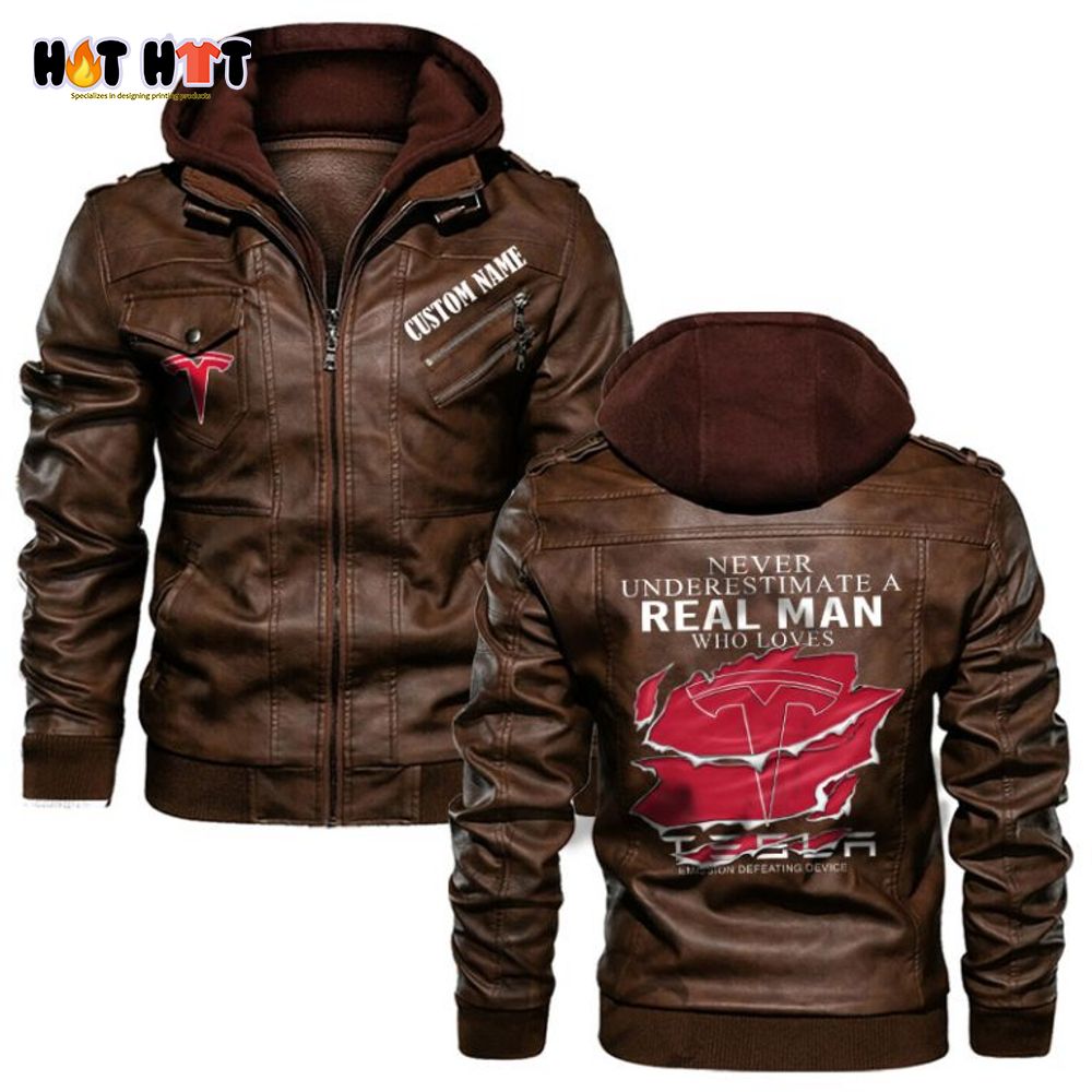 Personalized Name Never Underestimate A Real Man Who Loves Tesla Leather Jacket