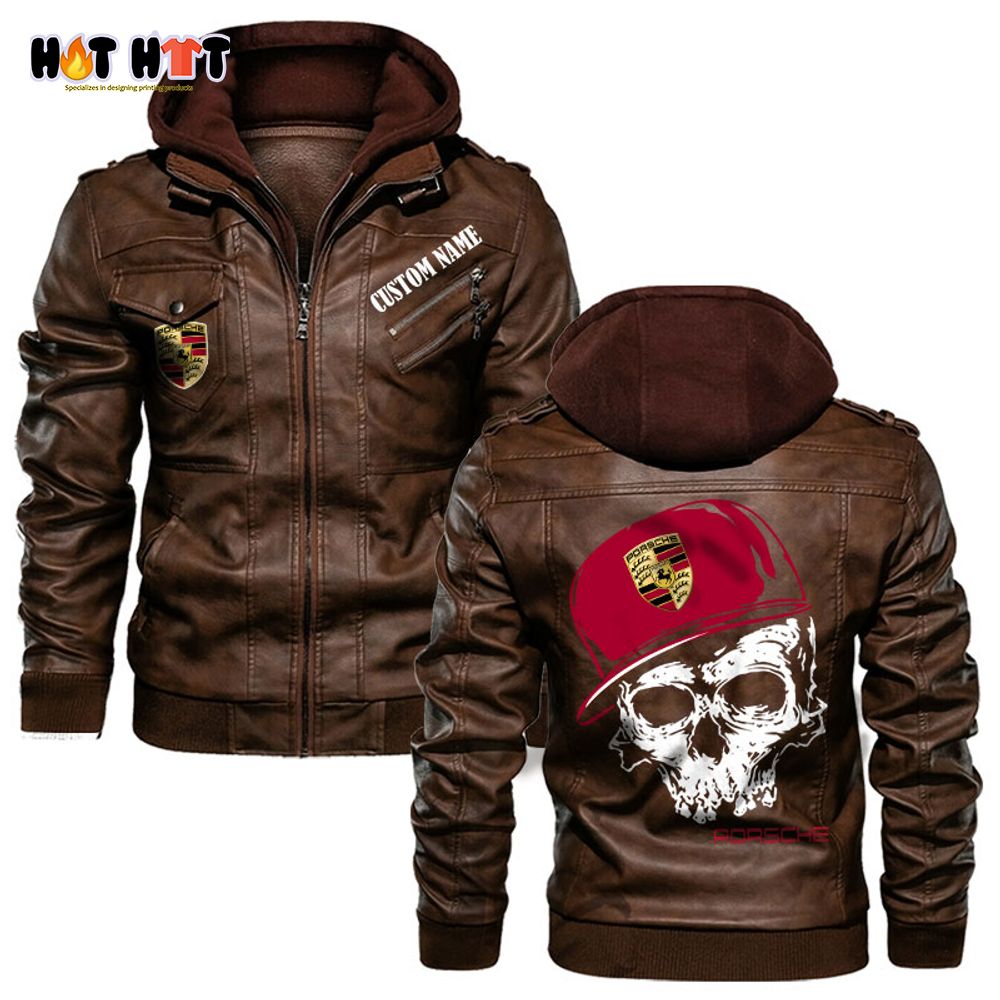 Personalized Name Porsche Skull Hat Leather Jacket