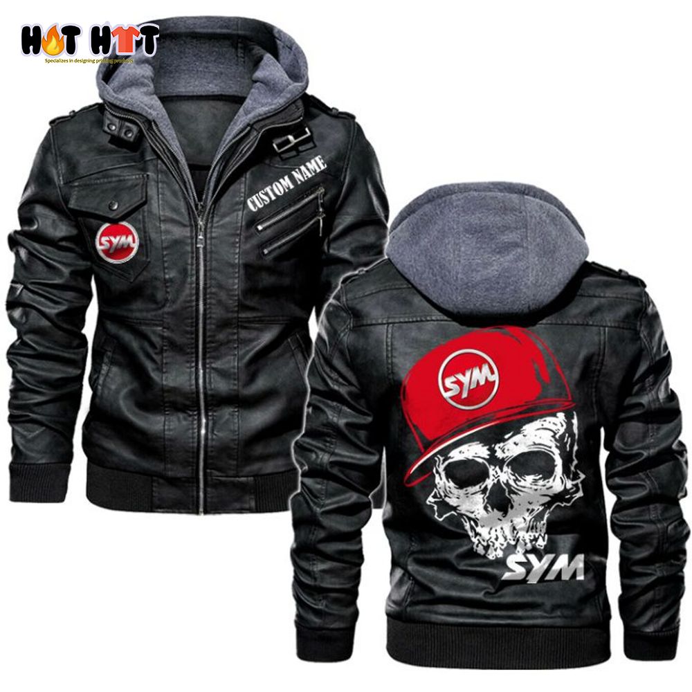 Personalized Name SYM Skull Hat Leather Jacket