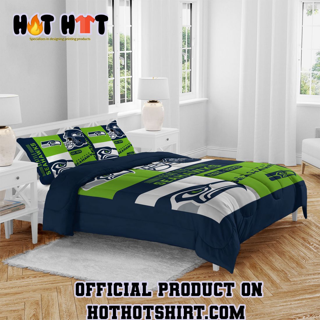 HOT SEARCH Seattle Seahawks Block Logo Three Piece Full Queen Bed Set