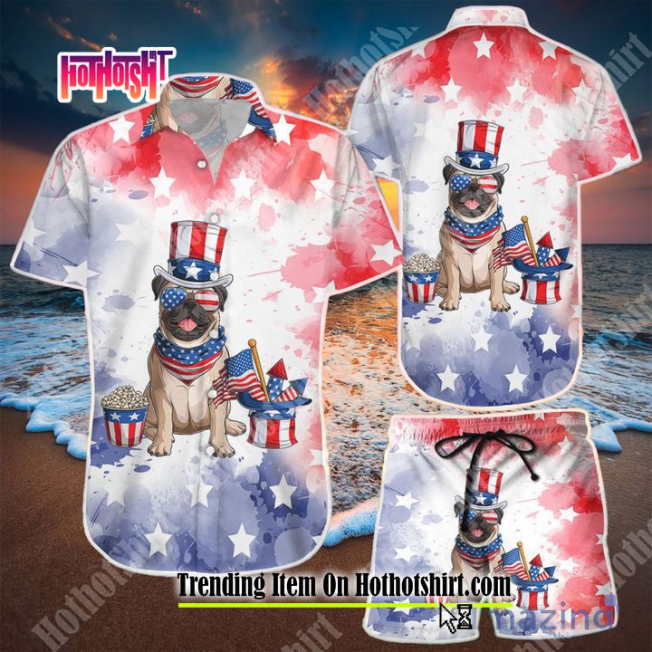 [Hot] 4th of July Pug Dog Hawaiian Shirt Beach Short