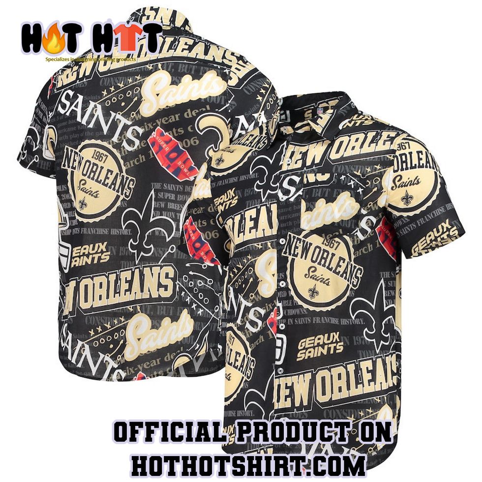 New Orleans Saints Black Thematic Button-Up Hawaiian Shirt
