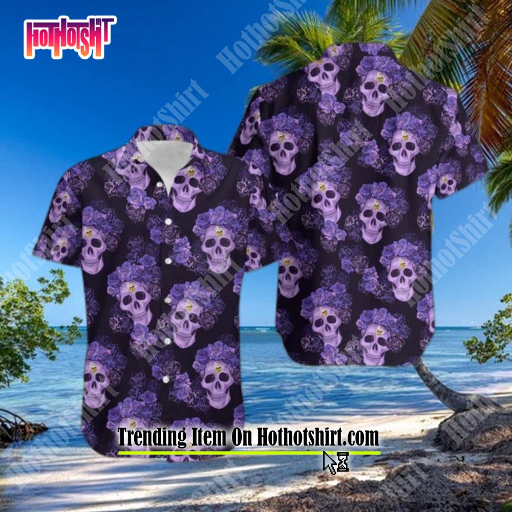 Minnesota Vikings Skull And Flower Halloween Hawaiian Shirt For