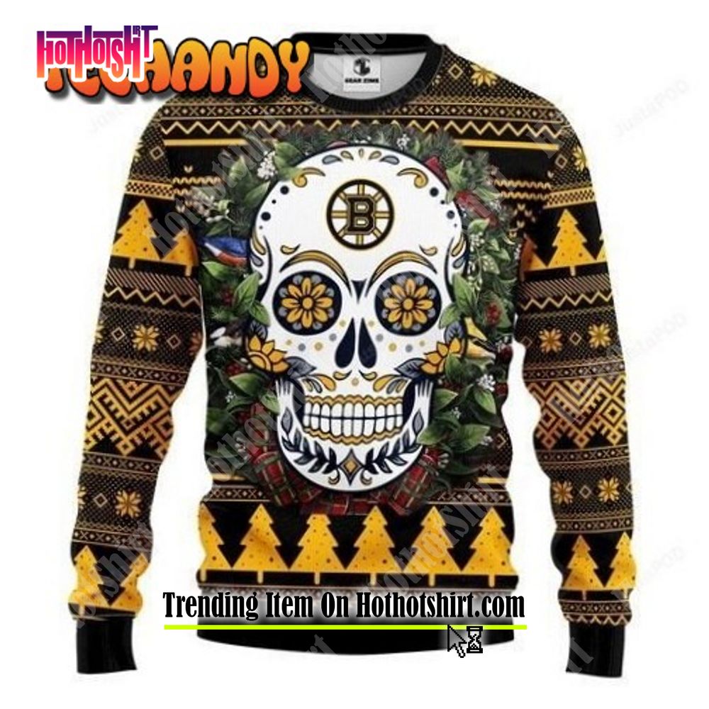 NFL Boston Bruins Skull Flower Ugly Christmas Ugly Sweater –